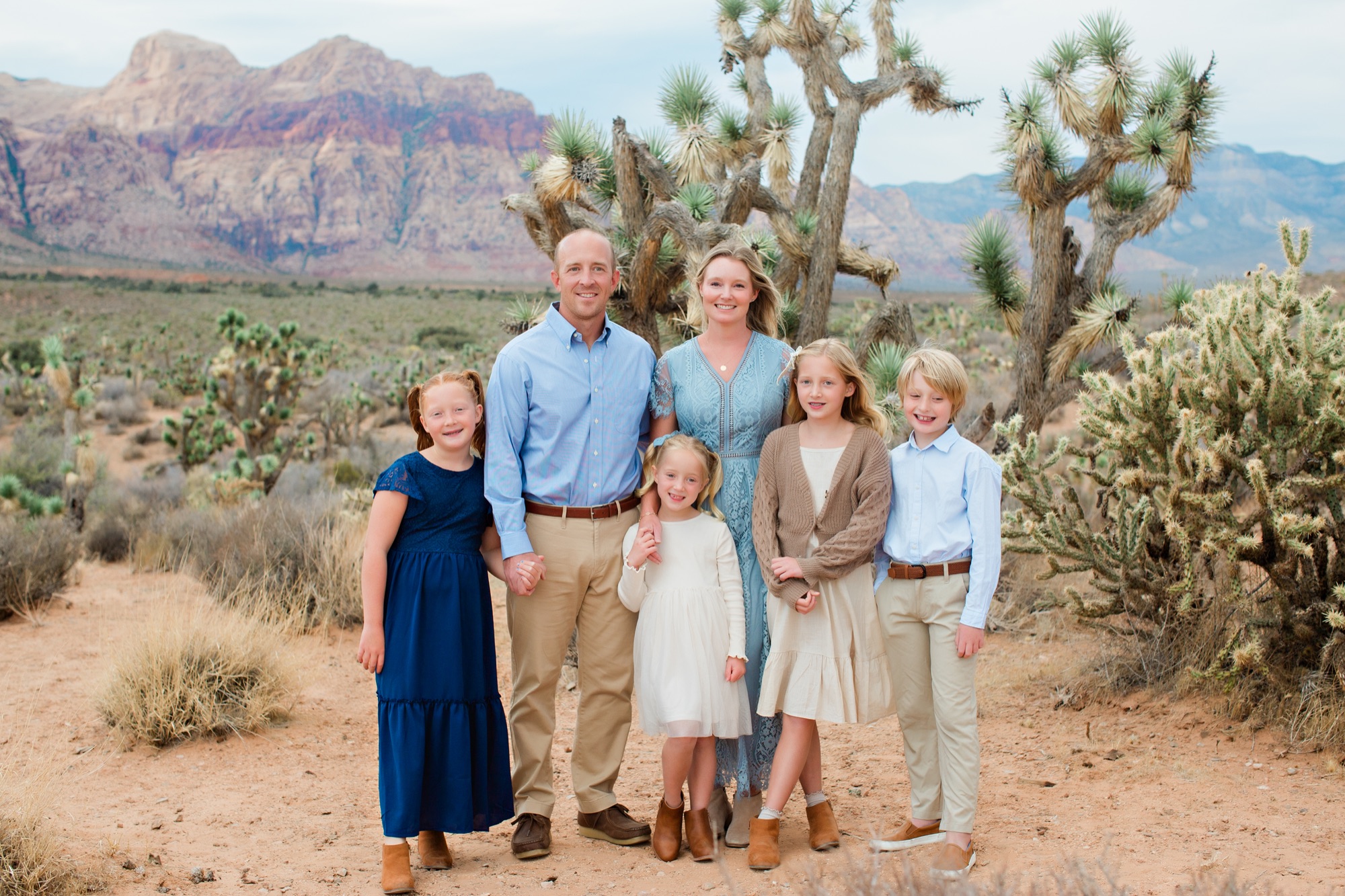 Family in blues and khaki at Red Rock Canyon