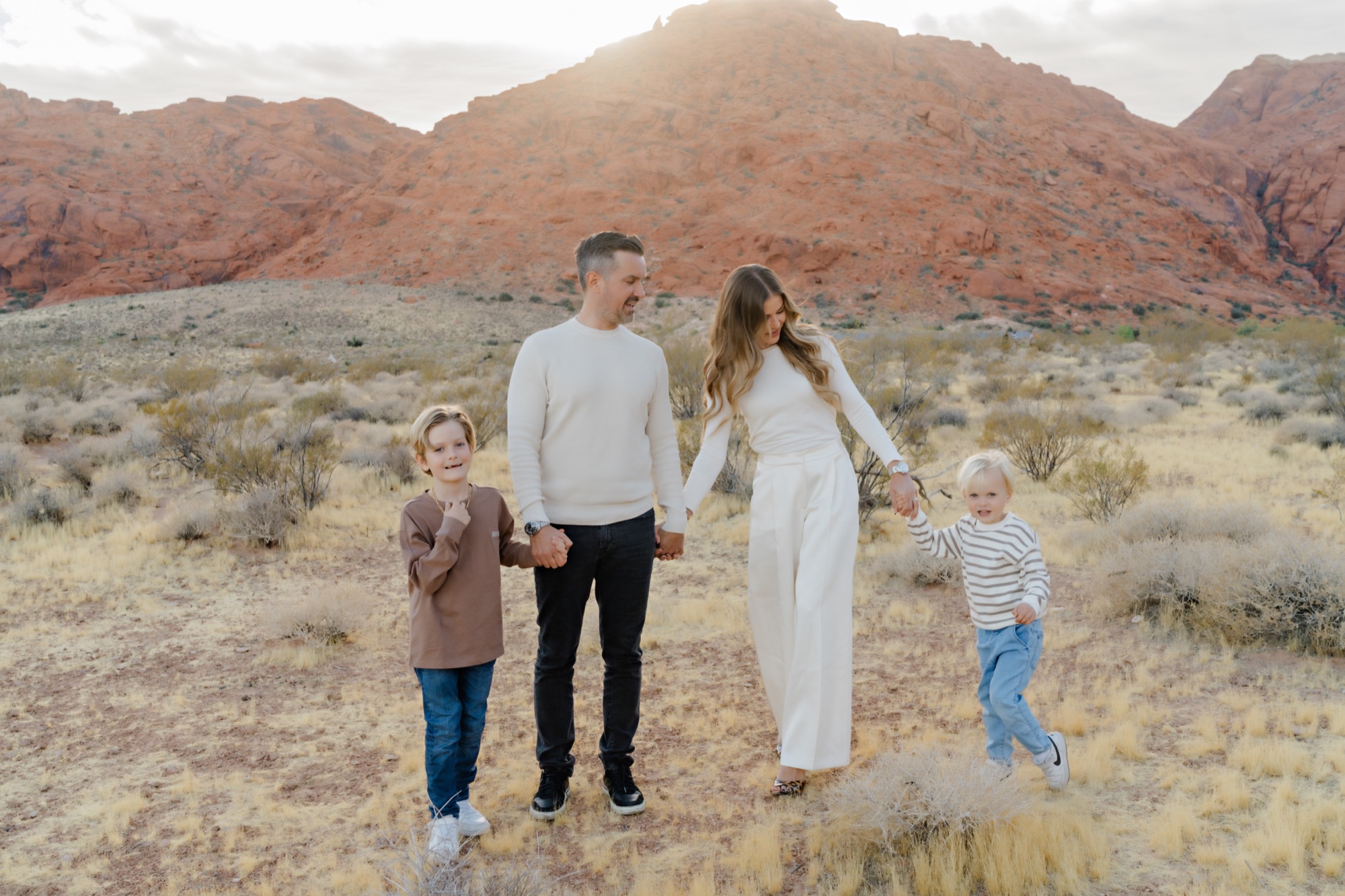 Family in modern cream neutrals at Red Rock Canyon